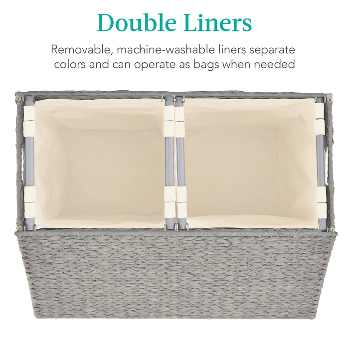 Large Water Hyacinth Double Laundry Hamper Basket w/ 2 Liner Bags