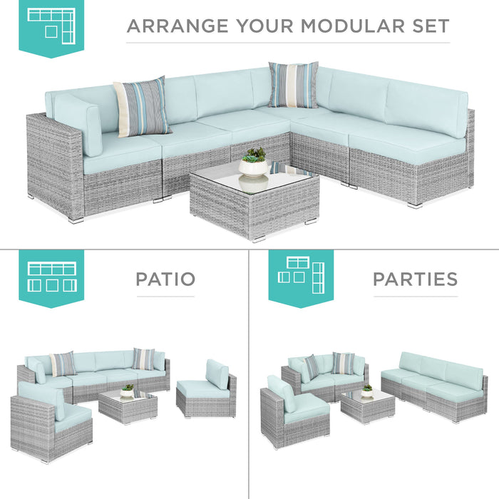 7-Piece Modular Wicker Sectional Conversation Set w/ 2 Pillows, Cover