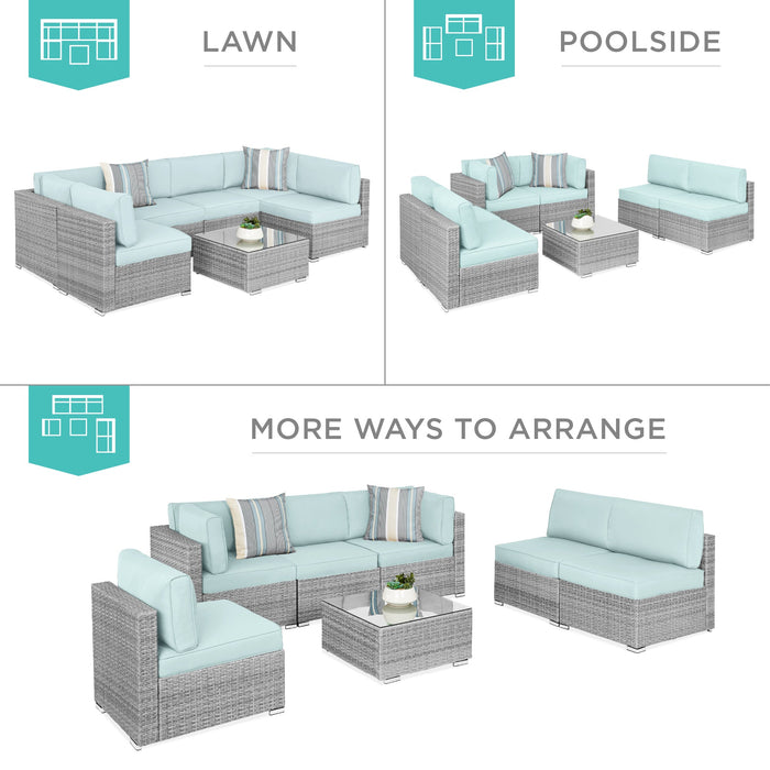 7-Piece Modular Wicker Sectional Conversation Set w/ 2 Pillows, Cover