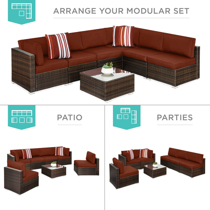 7-Piece Modular Wicker Sectional Conversation Set w/ 2 Pillows, Cover