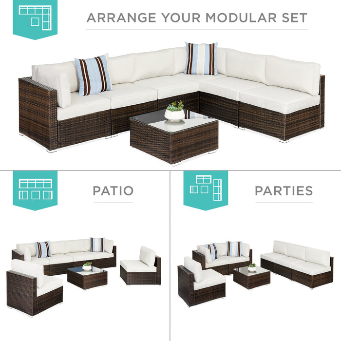 7-Piece Modular Wicker Sectional Conversation Set w/ 2 Pillows, Cover