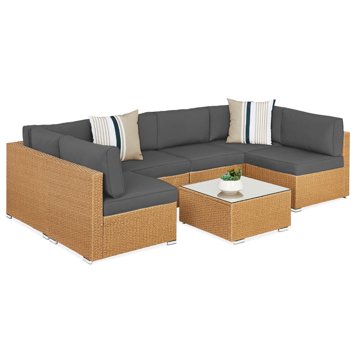 7-Piece Modular Wicker Sectional Conversation Set w/ 2 Pillows, Cover