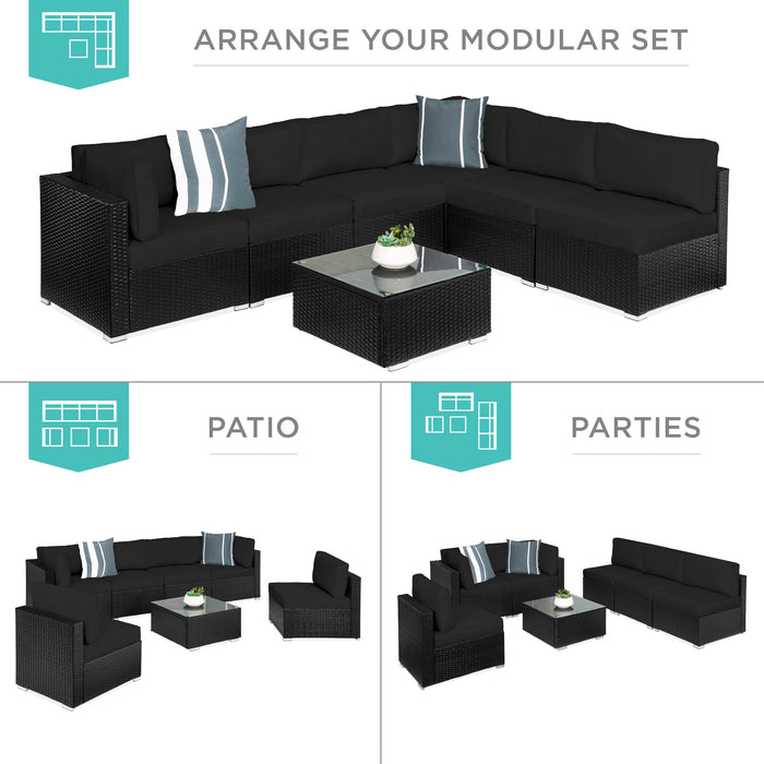 7-Piece Modular Wicker Sectional Conversation Set w/ 2 Pillows, Cover