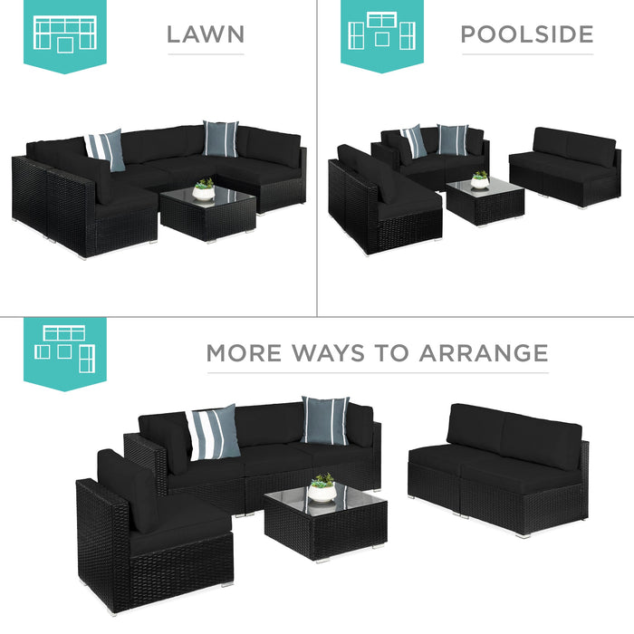 7-Piece Modular Wicker Sectional Conversation Set w/ 2 Pillows, Cover