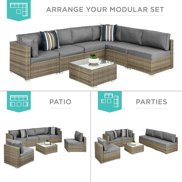 7-Piece Modular Wicker Sectional Conversation Set w/ 2 Pillows, Cover