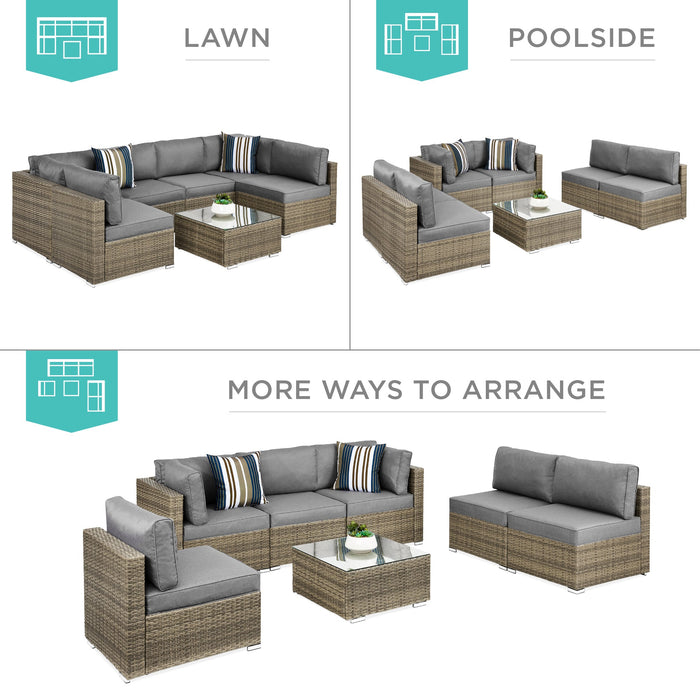 7-Piece Modular Wicker Sectional Conversation Set w/ 2 Pillows, Cover