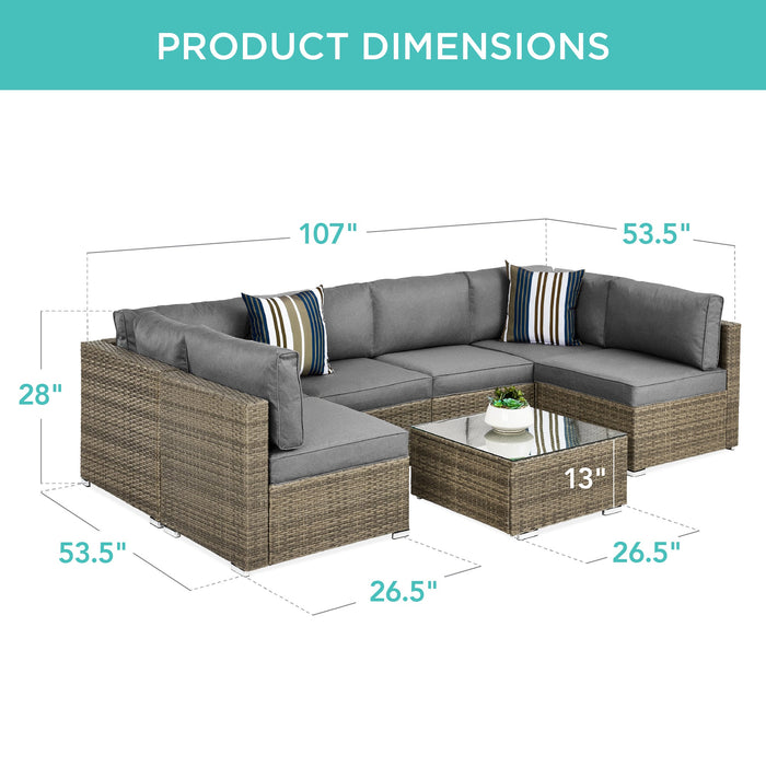 7-Piece Modular Wicker Sectional Conversation Set w/ 2 Pillows, Cover