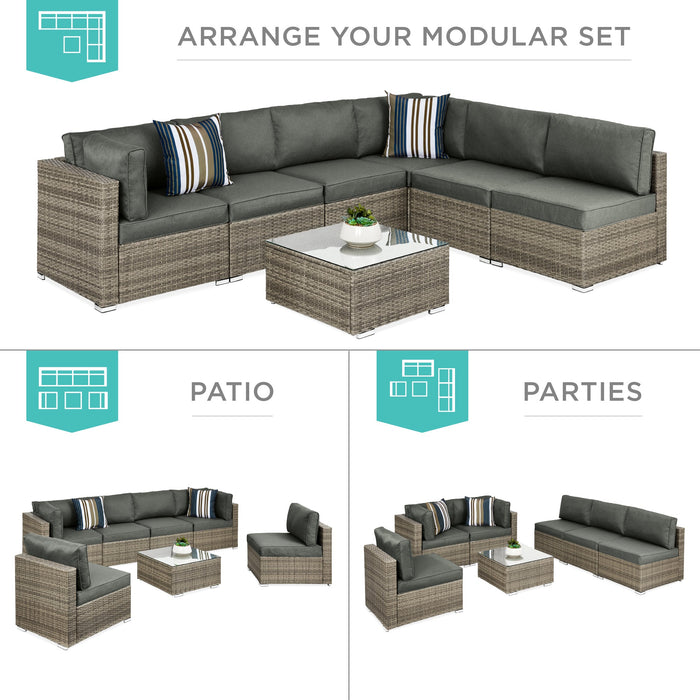 7-Piece Modular Wicker Sectional Conversation Set w/ 2 Pillows, Cover