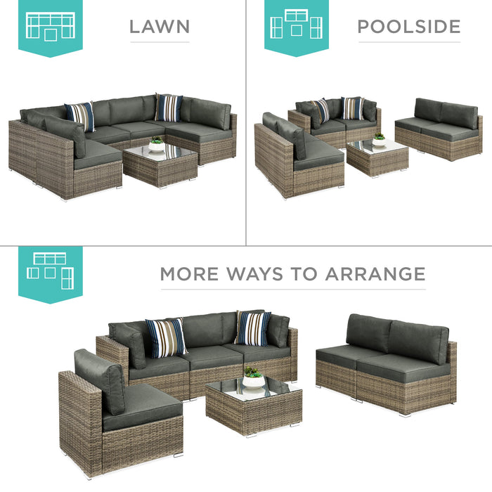 7-Piece Modular Wicker Sectional Conversation Set w/ 2 Pillows, Cover