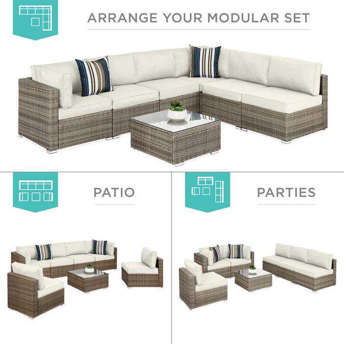 7-Piece Modular Wicker Sectional Conversation Set w/ 2 Pillows, Cover