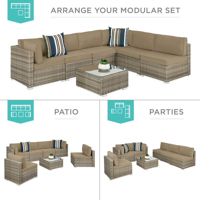 7-Piece Modular Wicker Sectional Conversation Set w/ 2 Pillows, Cover