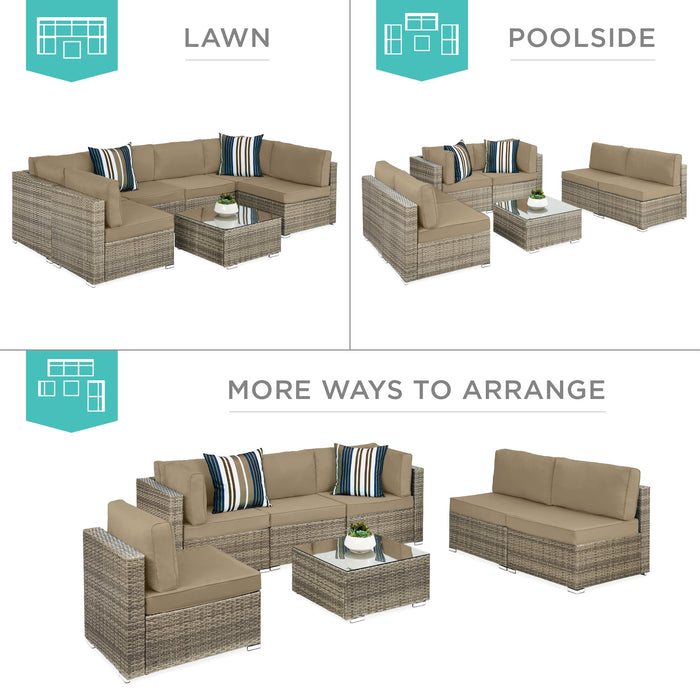 7-Piece Modular Wicker Sectional Conversation Set w/ 2 Pillows, Cover