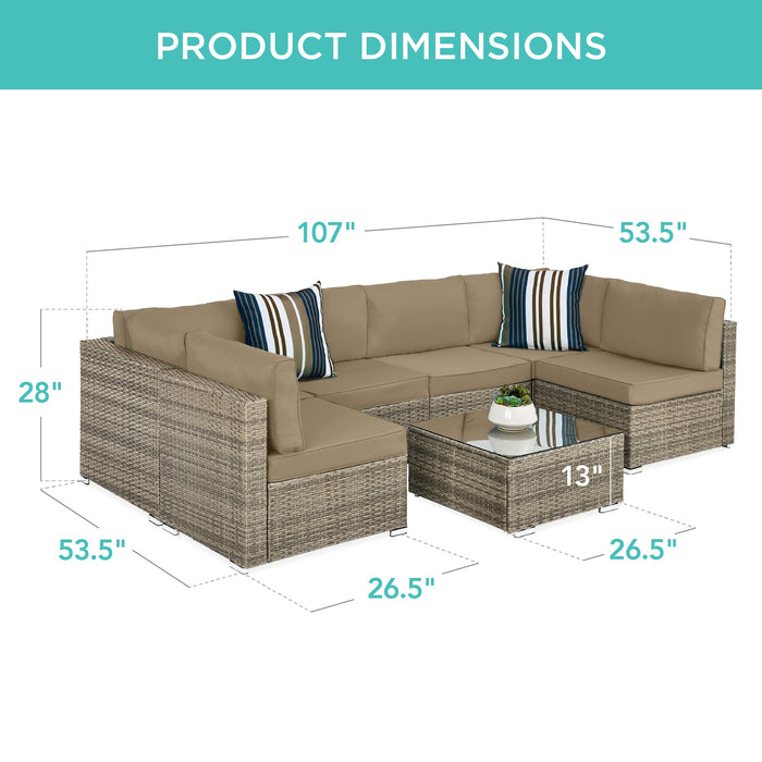 7-Piece Modular Wicker Sectional Conversation Set w/ 2 Pillows, Cover