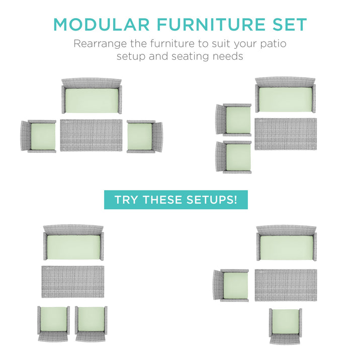 Ensemble de patio extérieur en osier de 4 pièces avec 4 sièges et plateau de table en verre