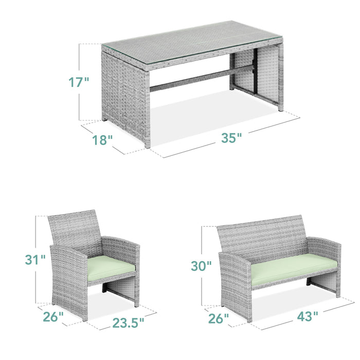 Ensemble de patio extérieur en osier de 4 pièces avec 4 sièges et plateau de table en verre