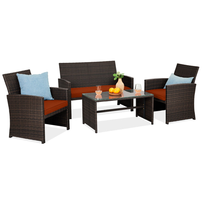 4-Piece Outdoor Wicker Conversation Patio Set w/ 4 Seats, Glass Table Top