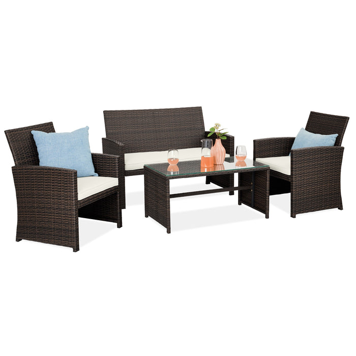 4-Piece Outdoor Wicker Conversation Patio Set w/ 4 Seats, Glass Table Top