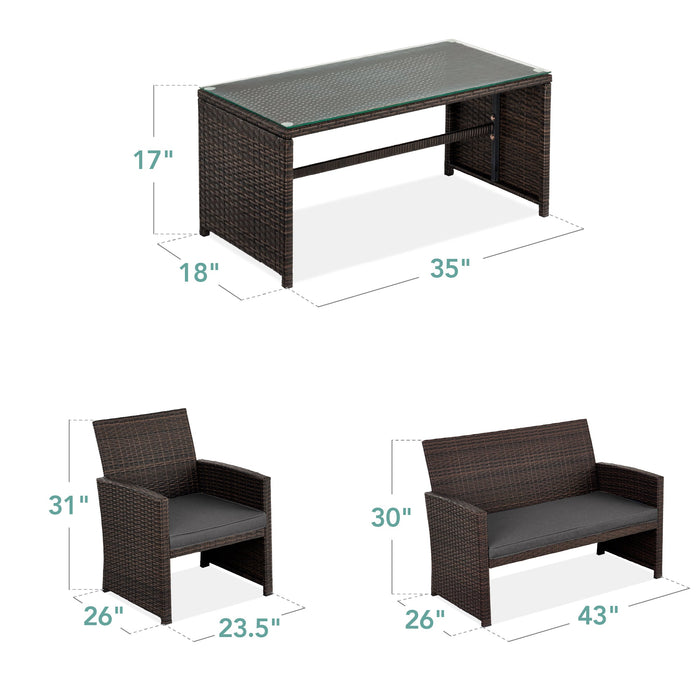 Ensemble de patio extérieur en osier de 4 pièces avec 4 sièges et plateau de table en verre