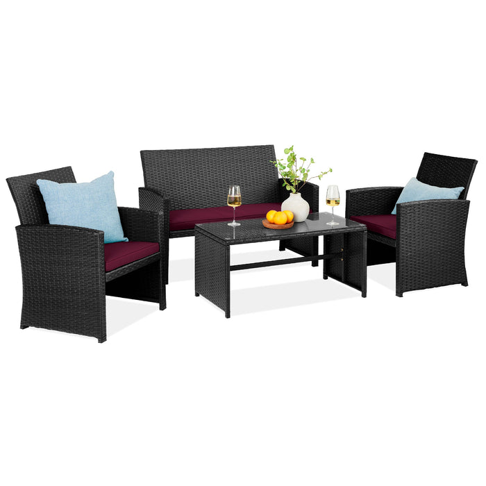 4-Piece Outdoor Wicker Conversation Patio Set w/ 4 Seats, Glass Table Top