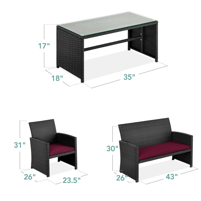 Ensemble de patio extérieur en osier de 4 pièces avec 4 sièges et plateau de table en verre