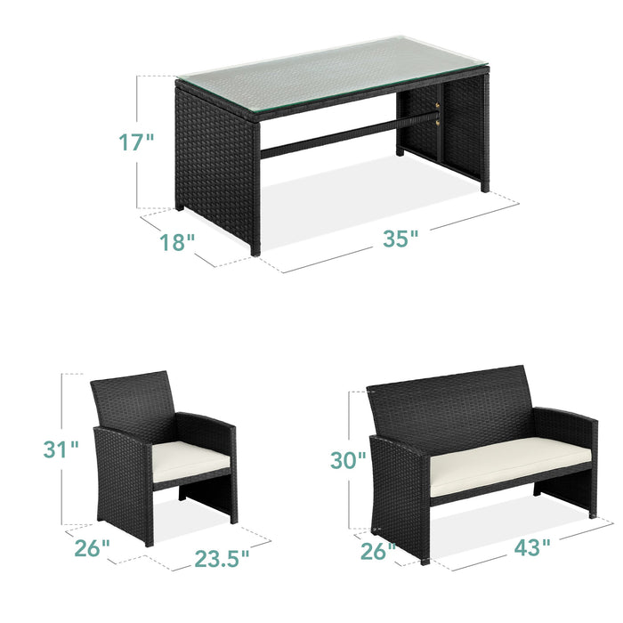 Ensemble de patio extérieur en osier de 4 pièces avec 4 sièges et plateau de table en verre