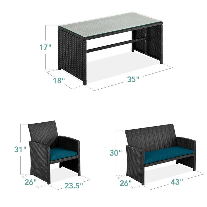 Ensemble de patio extérieur en osier de 4 pièces avec 4 sièges et plateau de table en verre