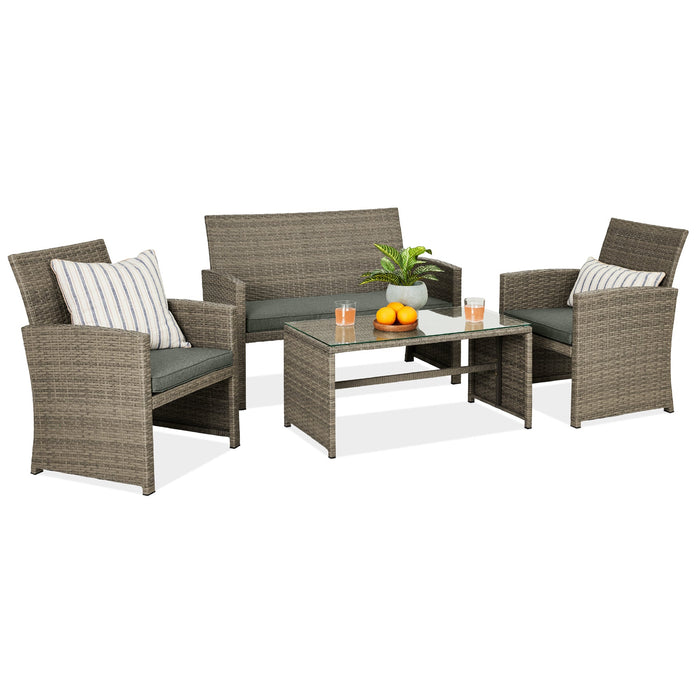 4-Piece Outdoor Wicker Conversation Patio Set w/ 4 Seats, Glass Table Top