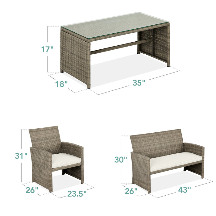 Ensemble de patio extérieur en osier de 4 pièces avec 4 sièges et plateau de table en verre