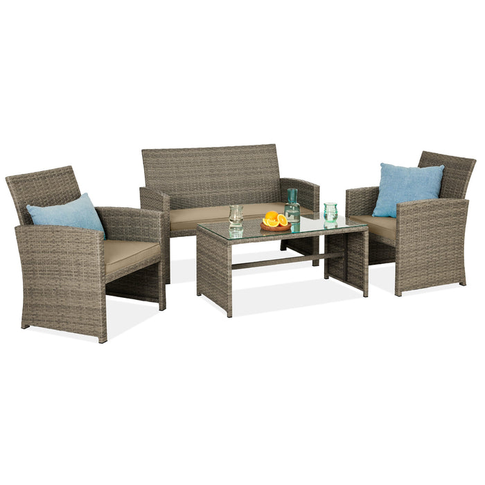 4-Piece Outdoor Wicker Conversation Patio Set w/ 4 Seats, Glass Table Top