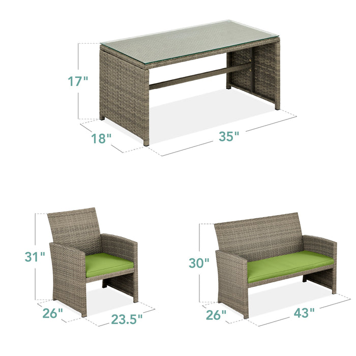 Ensemble de patio extérieur en osier de 4 pièces avec 4 sièges et plateau de table en verre