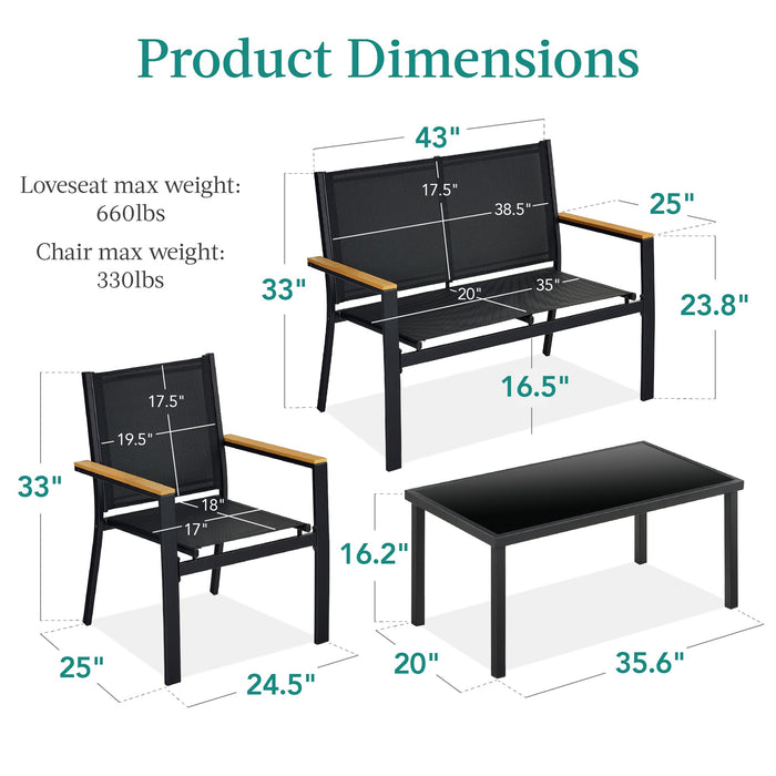 Ensemble de conversation d'extérieur en textilène 4 pièces avec coussins et table