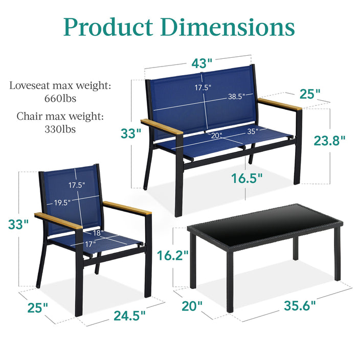 Ensemble de conversation d'extérieur en textilène 4 pièces avec coussins et table