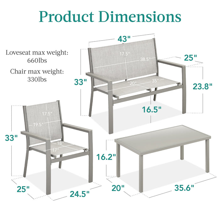 Ensemble de conversation d'extérieur en textilène 4 pièces avec coussins et table