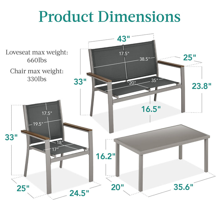 Ensemble de conversation d'extérieur en textilène 4 pièces avec coussins et table