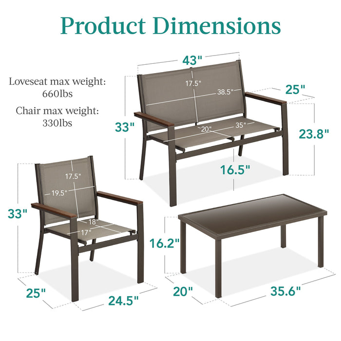 Ensemble de conversation d'extérieur en textilène 4 pièces avec coussins et table