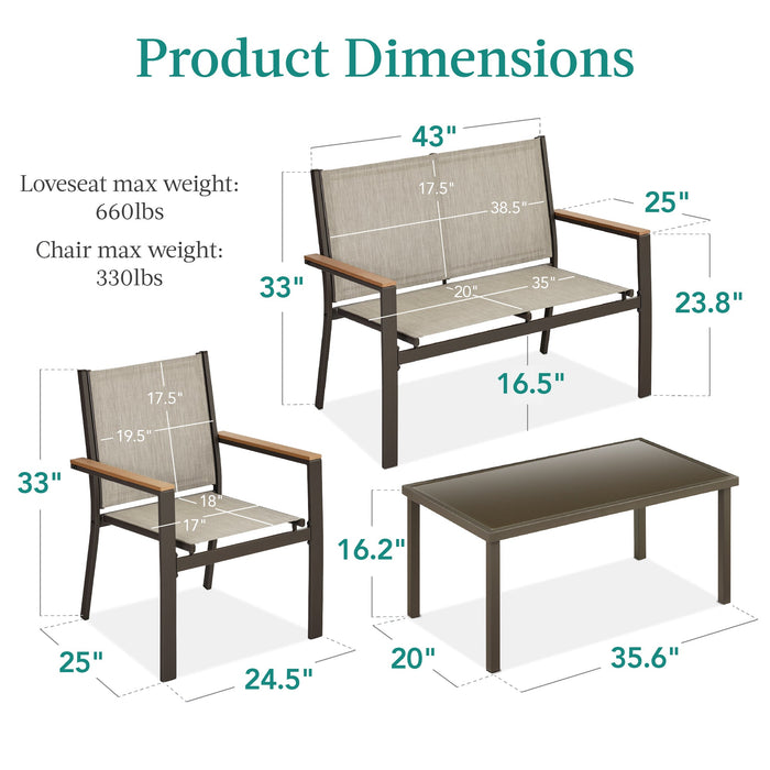 Ensemble de conversation d'extérieur en textilène 4 pièces avec coussins et table