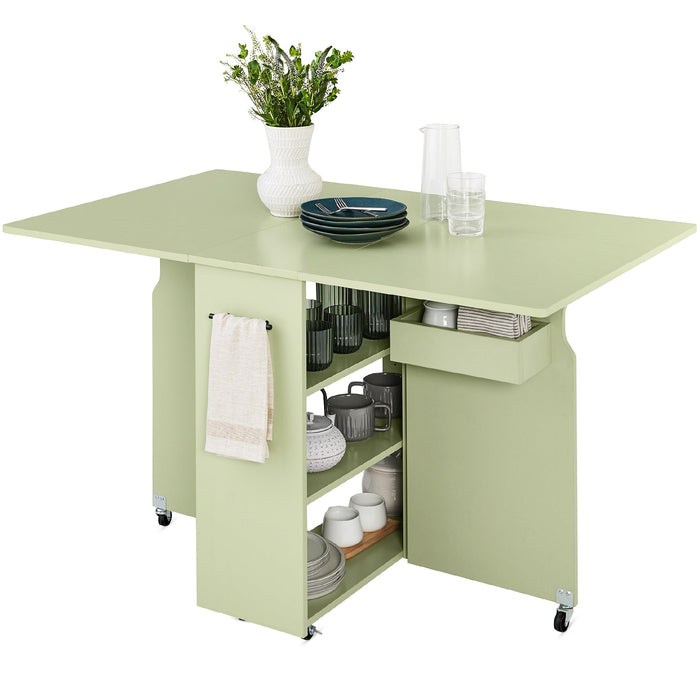 Multipurpose Folding Table w/ Wheels, 3 Storage Shelves, Cubby, Handle