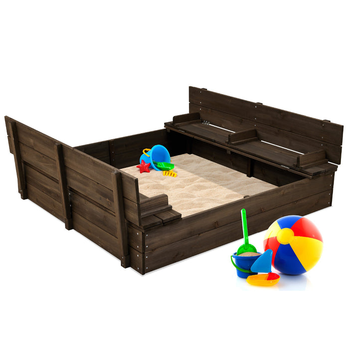 Kids Cedar Sandbox w/ Sand Screen, 2 Benches - 47x47in