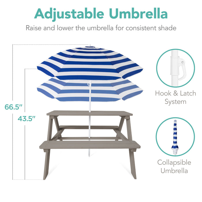 Kids Wooden Outdoor Picnic Table w/ Adjustable Umbrella, Built-In Seats