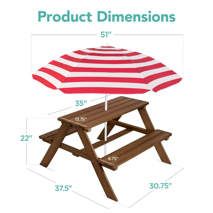 Kids Wooden Outdoor Picnic Table w/ Adjustable Umbrella, Built-In Seats