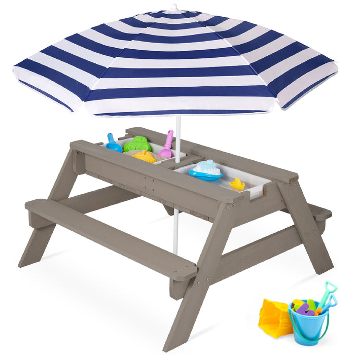 3-in-1 Kids Sand & Water Table Outdoor Wood Picnic Table w/ Umbrella