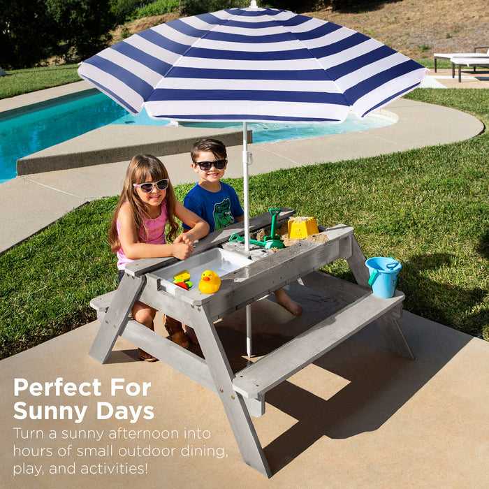 Table de pique-nique d'extérieur en bois avec sable et eau 3 en 1 pour enfants et parasol