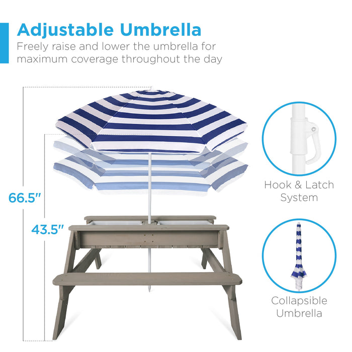 Table de pique-nique d'extérieur en bois avec sable et eau 3 en 1 pour enfants et parasol