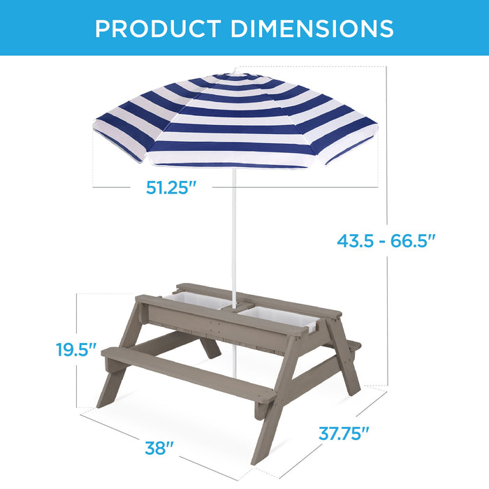 Table de pique-nique d'extérieur en bois avec sable et eau 3 en 1 pour enfants et parasol