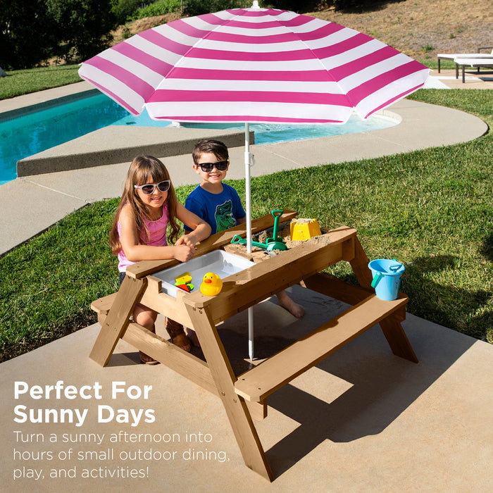 Table de pique-nique d'extérieur en bois avec sable et eau 3 en 1 pour enfants et parasol