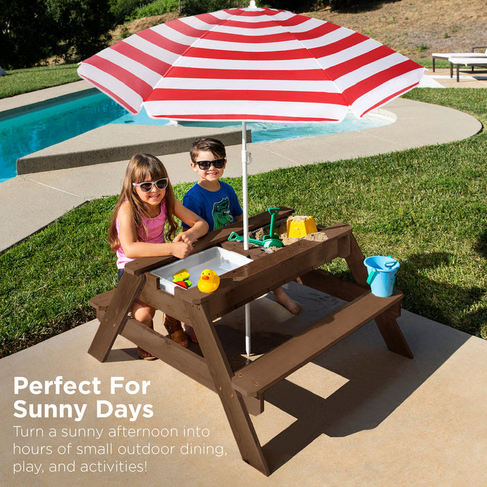 Table de pique-nique d'extérieur en bois avec sable et eau 3 en 1 pour enfants et parasol