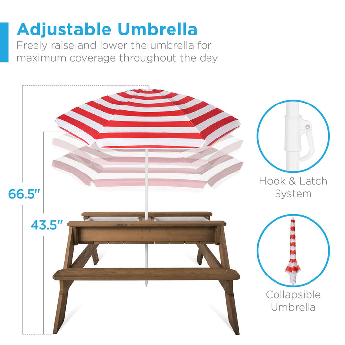 Table de pique-nique d'extérieur en bois avec sable et eau 3 en 1 pour enfants et parasol