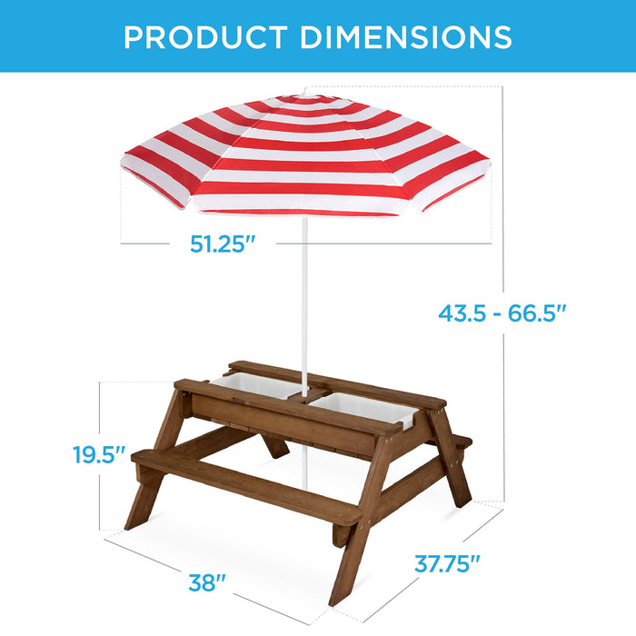 Table de pique-nique d'extérieur en bois avec sable et eau 3 en 1 pour enfants et parasol