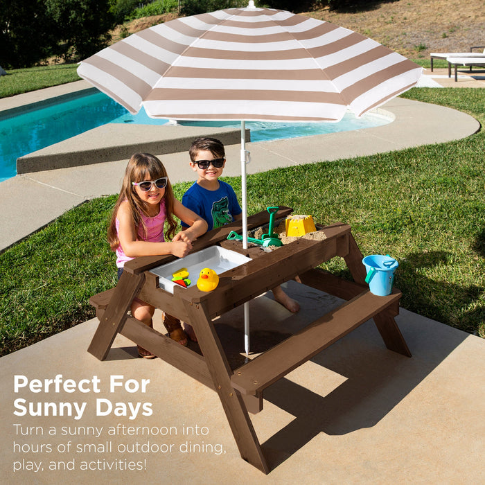 Table de pique-nique d'extérieur en bois avec sable et eau 3 en 1 pour enfants et parasol