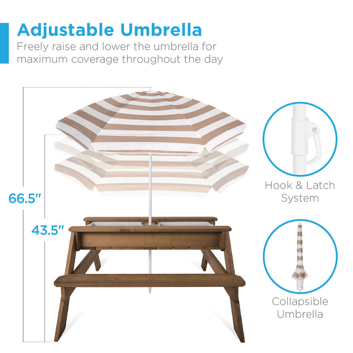 Table de pique-nique d'extérieur en bois avec sable et eau 3 en 1 pour enfants et parasol